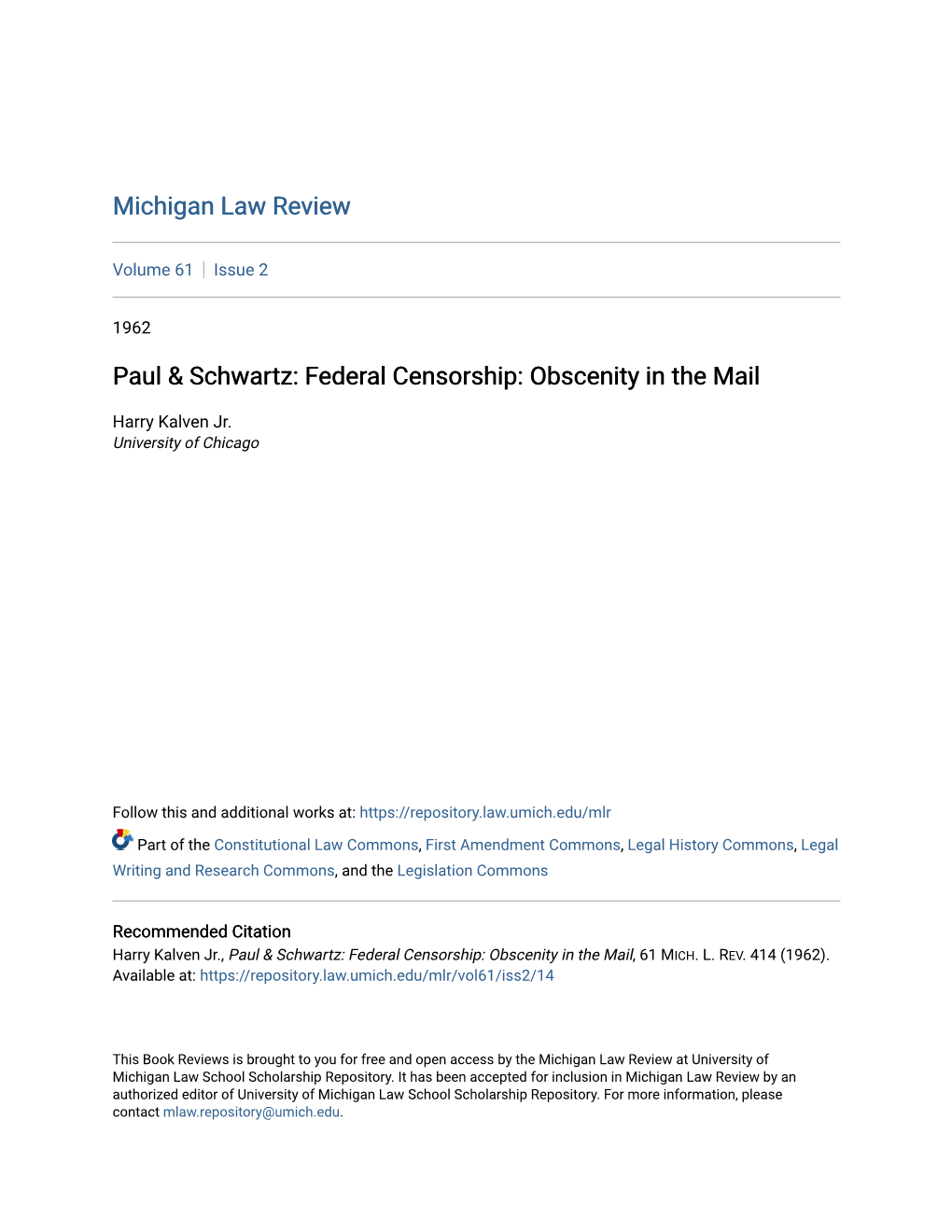 Paul & Schwartz: Federal Censorship: Obscenity in the Mail