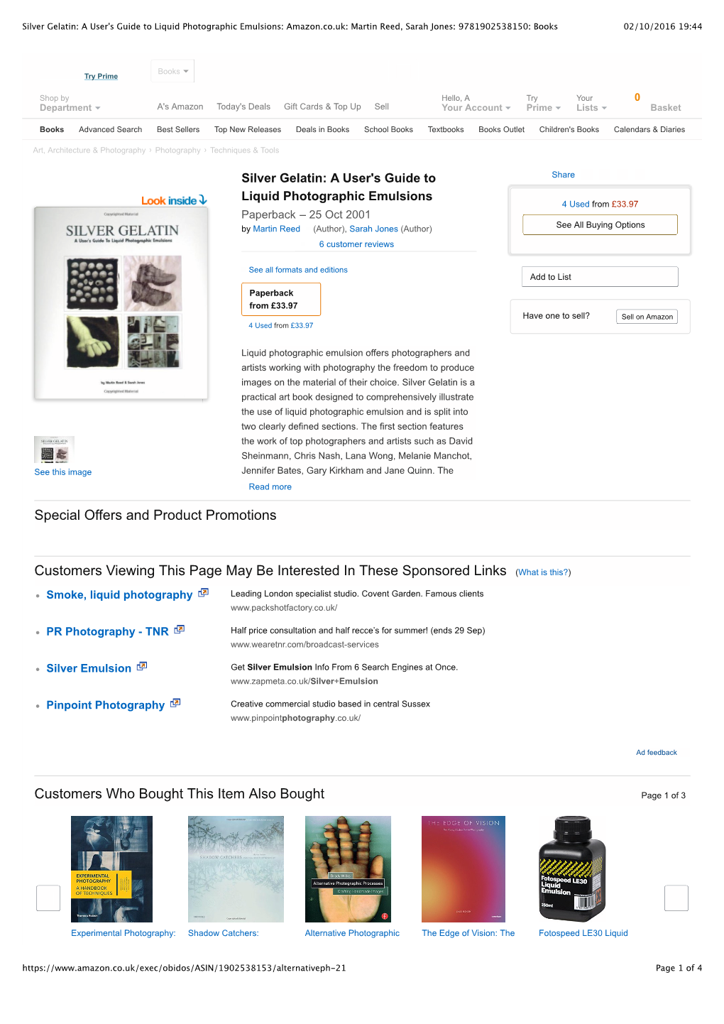 Silver Gelatin: a User's Guide to Liquid Photographic Emulsions: Amazon.Co.Uk: Martin Reed, Sarah Jones: 9781902538150: Books 02/10/2016 19:44