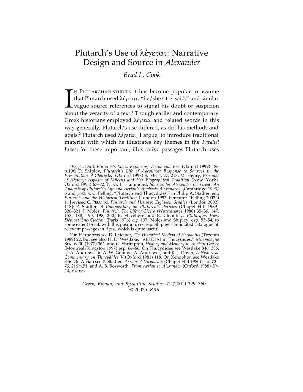 Plutarch's Use of Λέγεται: Narrative Design and Source in Alexander