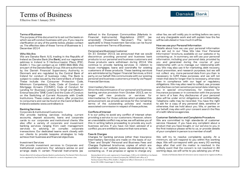 Terms of Business Effective from 1 January 2016