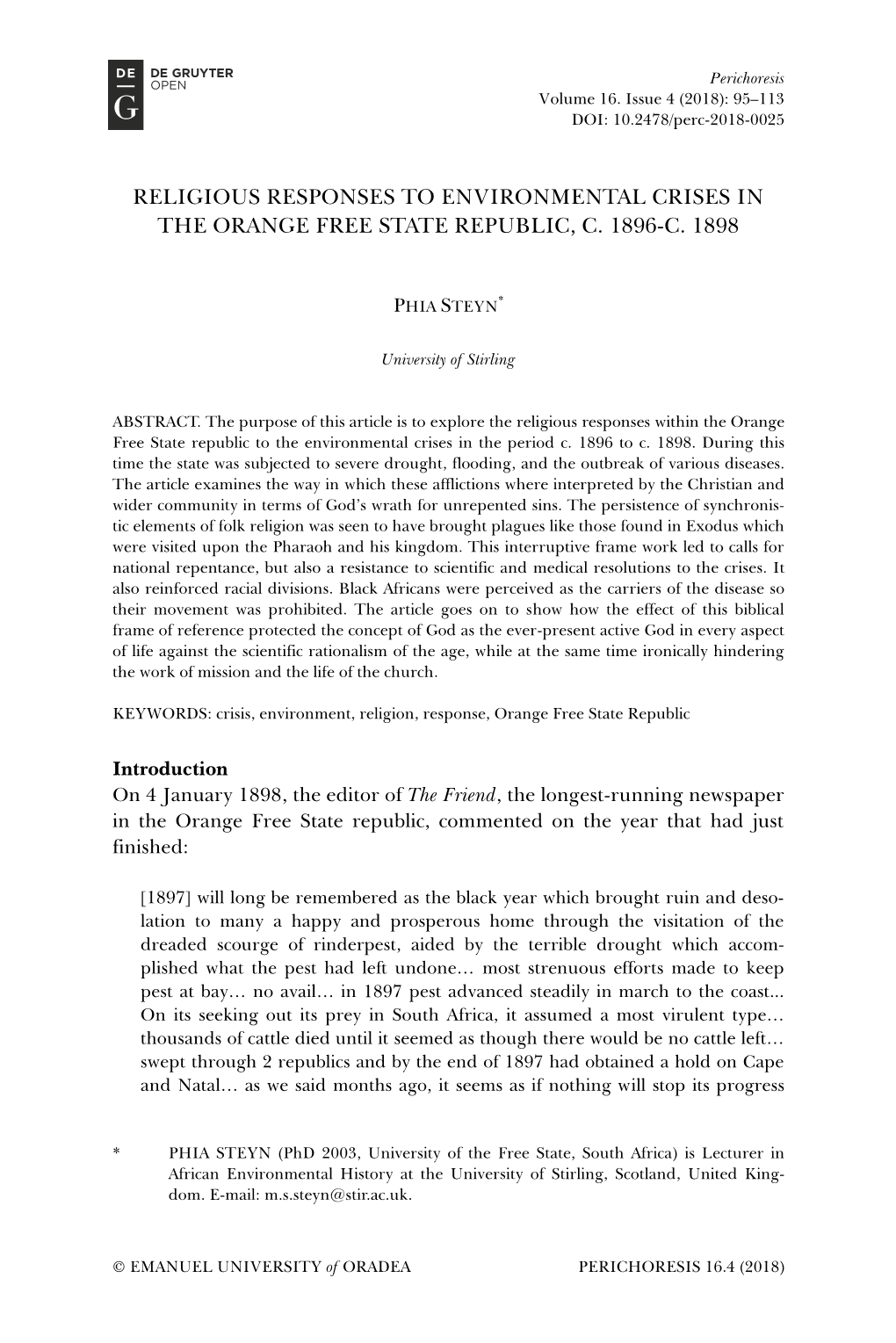 Religious Responses to Environmental Crises in the Orange Free State Republic, C