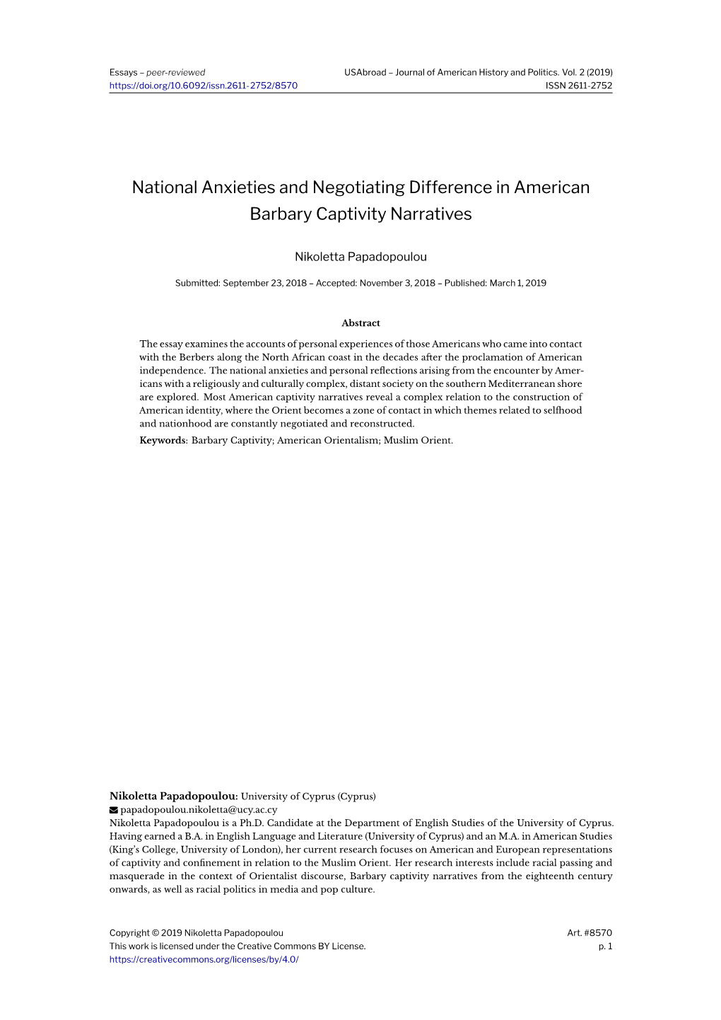 National Anxieties and Negotiating Difference in American Barbary Captivity Narratives