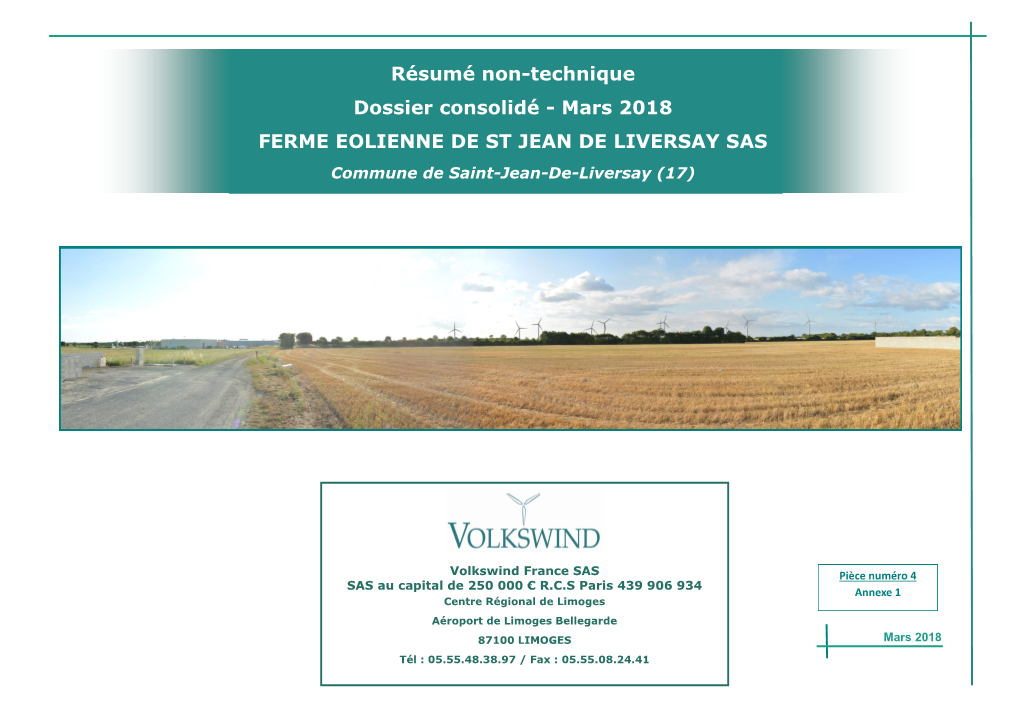 Mars 2018 FERME EOLIENNE DE ST JEAN DE LIVERSAY SAS Commune De Saint-Jean-De-Liversay (17)