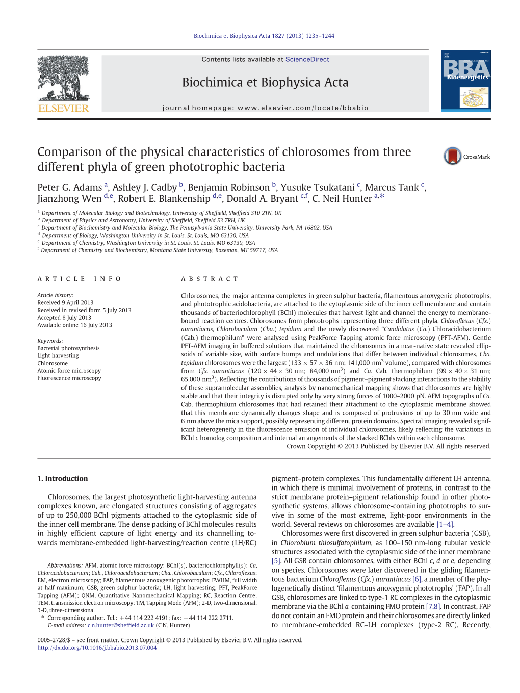 Comparison of the Physical Characteristics of Chlorosomes from Three Different Phyla of Green Phototrophic Bacteria