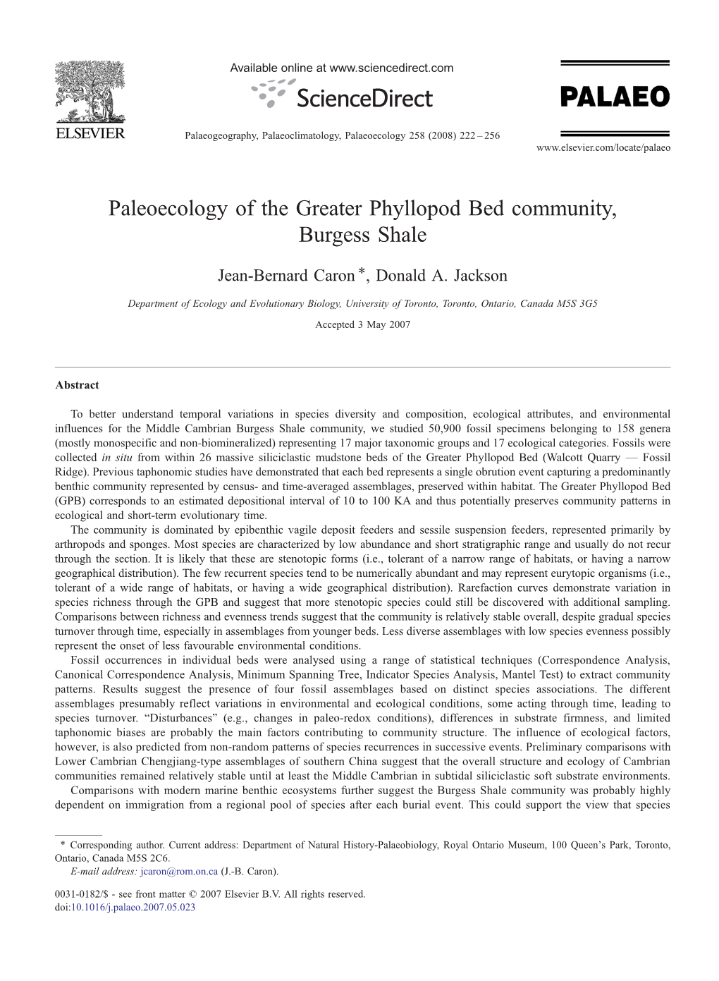 Paleoecology of the Greater Phyllopod Bed Community, Burgess Shale ⁎ Jean-Bernard Caron , Donald A