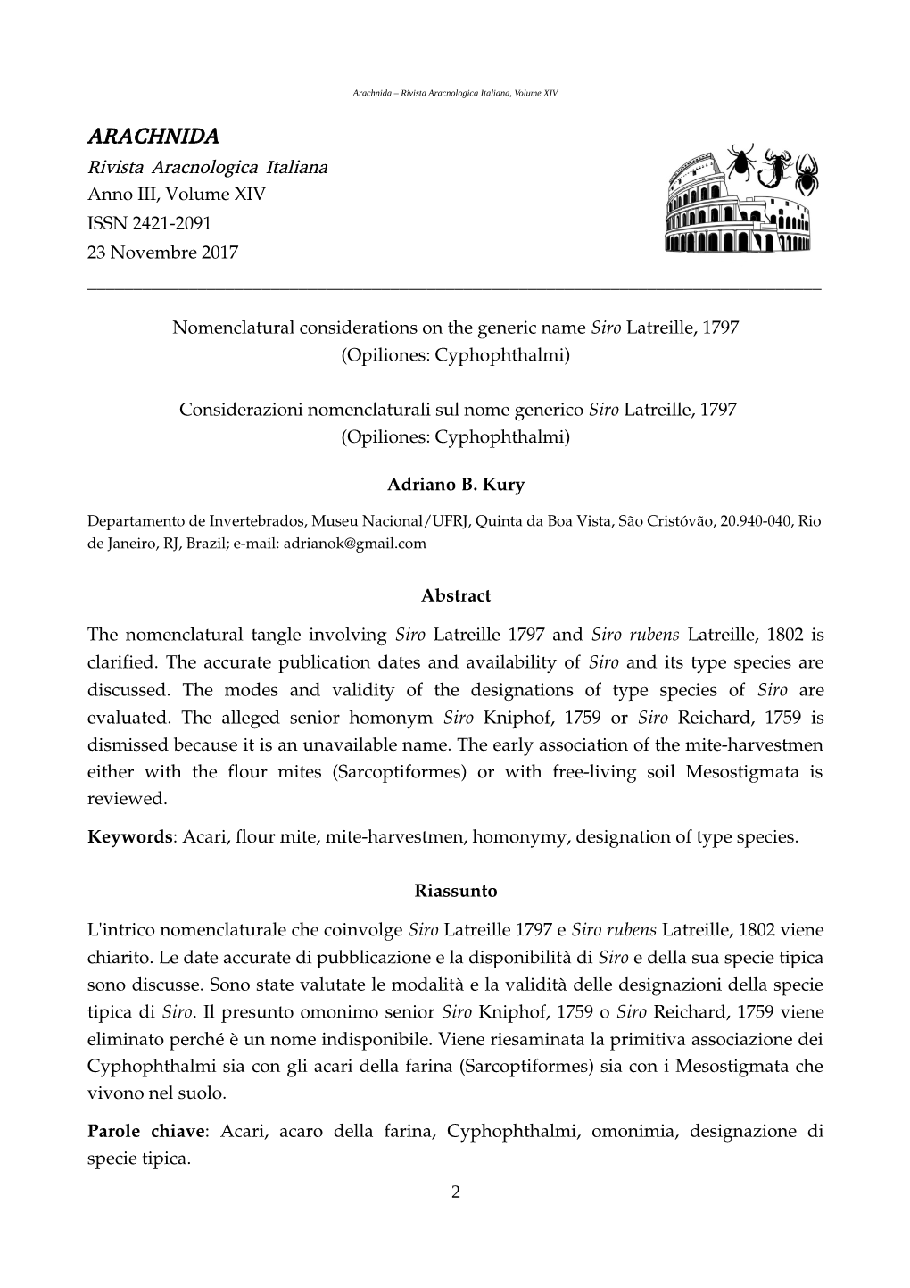 Arachnida – Rivista Aracnologica Italiana, Volume XIV