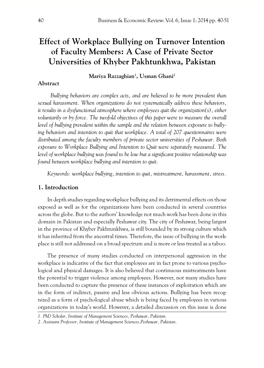 Effect of Workplace Bullying on Turnover Intention of Faculty Members: a Case of Private Sector Universities of Khyber Pakhtunkhwa, Pakistan