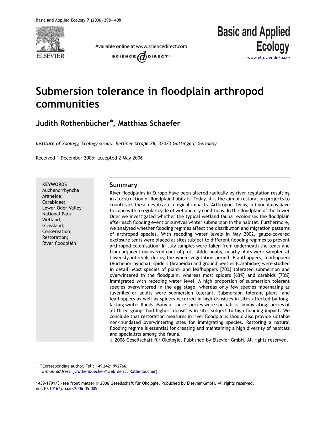 Submersion Tolerance in Floodplain Arthropod Communities