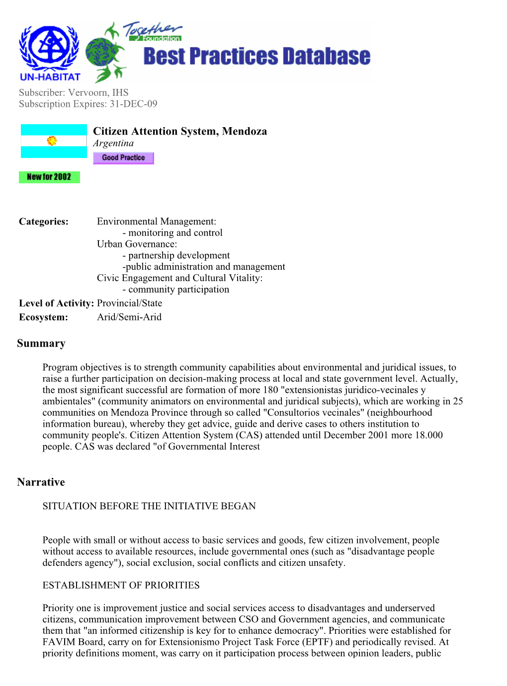 Summary Narrative Citizen Attention System, Mendoza