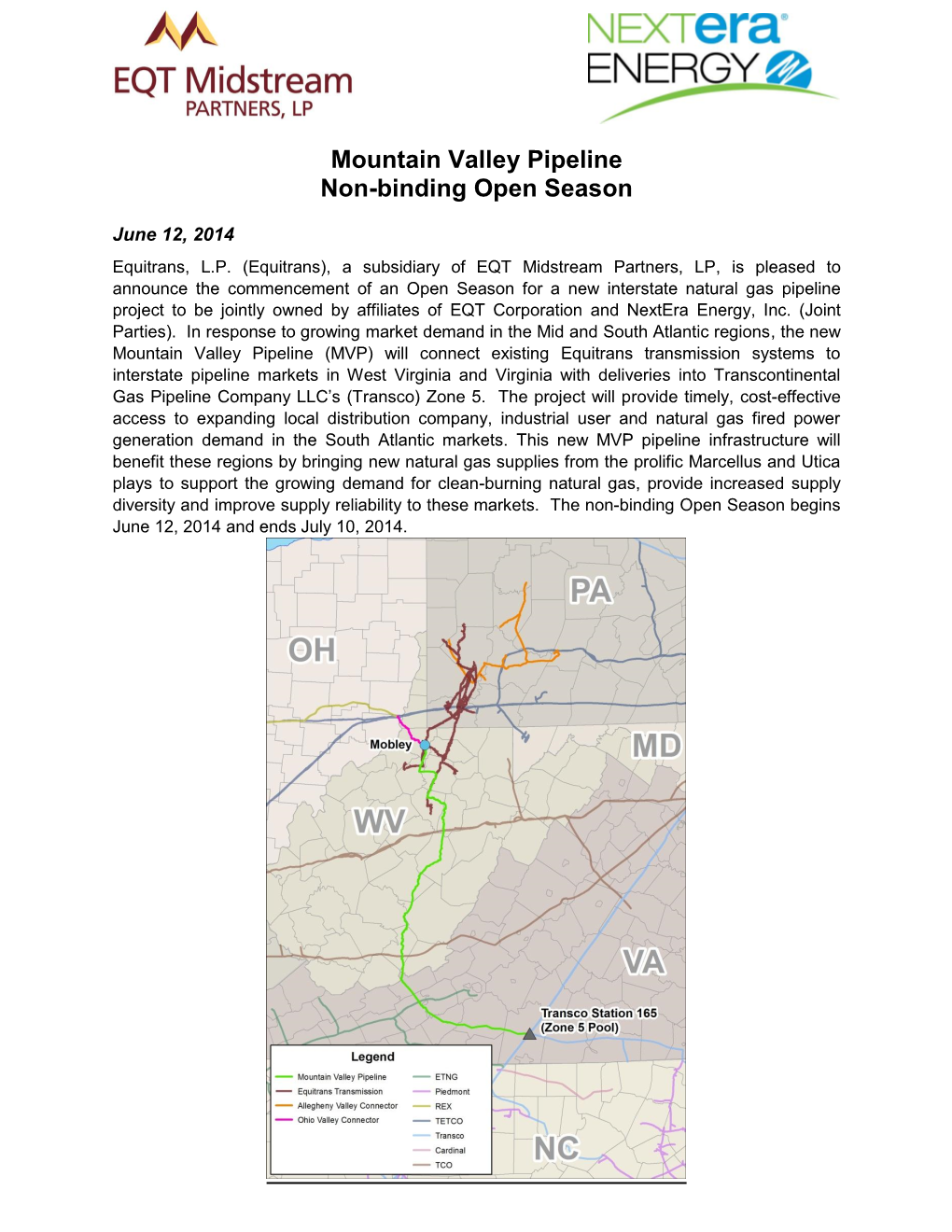 Mountain Valley Pipeline Non-Binding Open Season