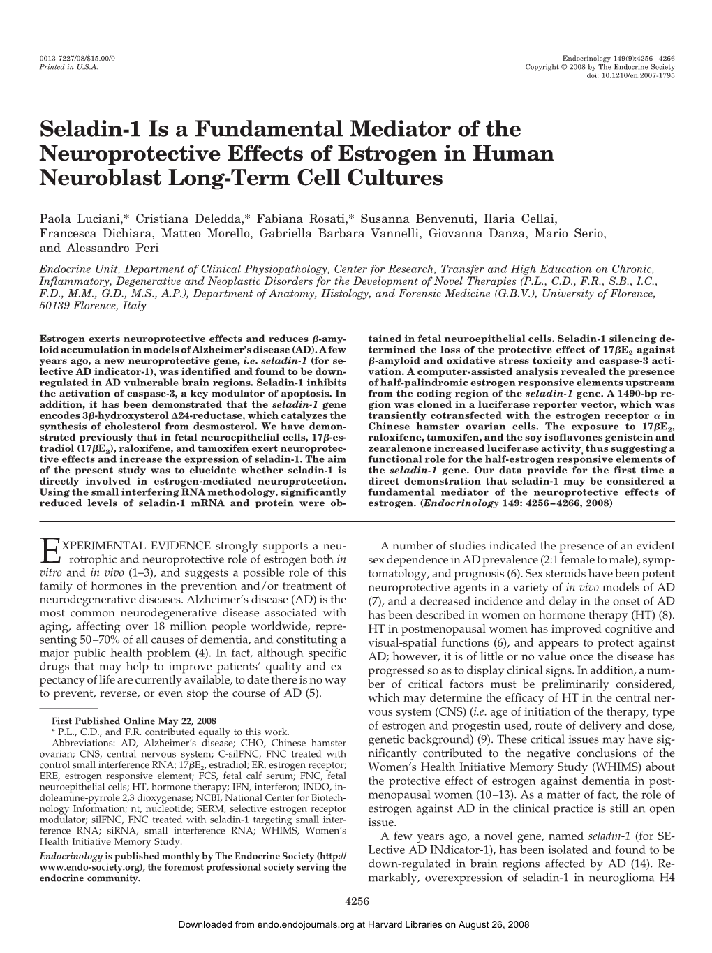 Seladin-1 Is a Fundamental Mediator of the Neuroprotective Effects of Estrogen in Human Neuroblast Long-Term Cell Cultures