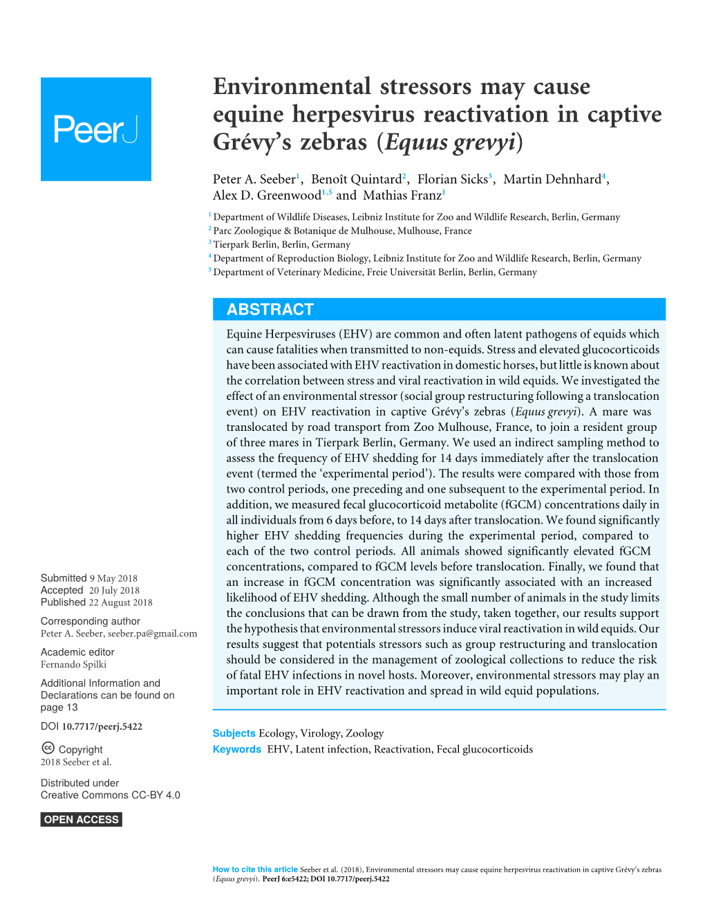 Environmental Stressors May Cause Equine Herpesvirus Reactivation in Captive Grévy’S Zebras (Equus Grevyi)
