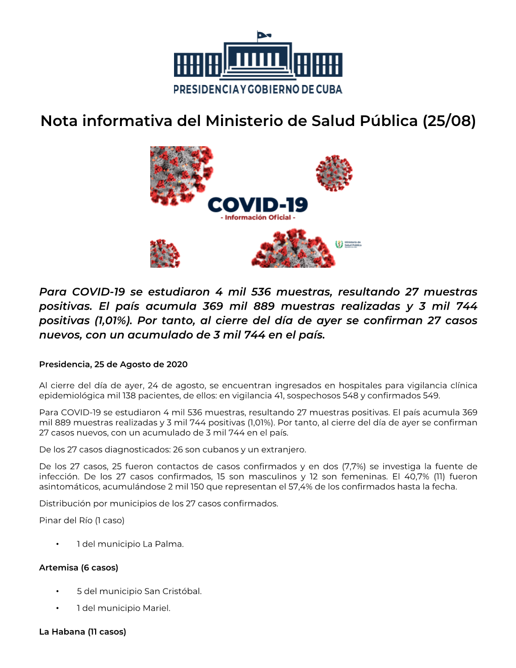 Nota Informativa Del Ministerio De Salud Pública (25/08)