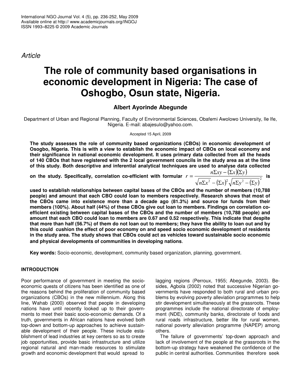 The Case of Oshogbo, Osun State, Nigeria