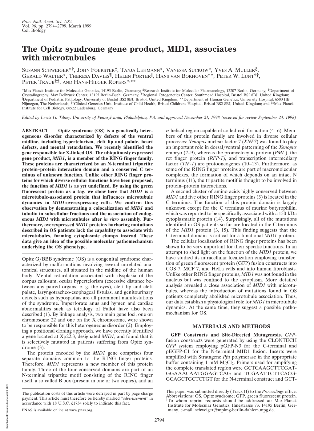 The Opitz Syndrome Gene Product, MID1, Associates with Microtubules