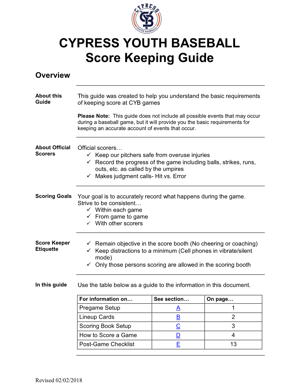 CYPRESS YOUTH BASEBALL Score Keeping Guide Overview