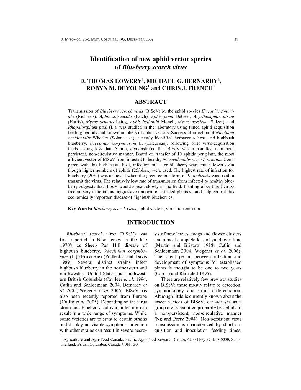 Identification of New Aphid Vector Species of Blueberry Scorch Virus