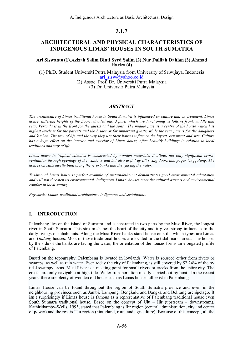 3.1.7 Architectural and Physical Characteristics of Indigenous Limas’ Houses in South Sumatra