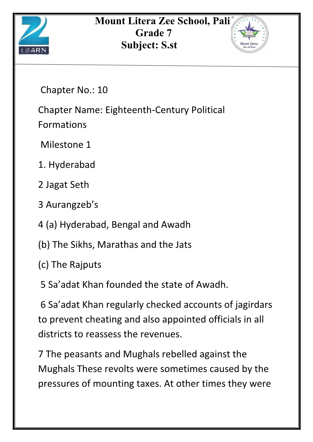 Mount Litera Zee School, Pali Grade 7 Subject: S.St Chapter No.: 10