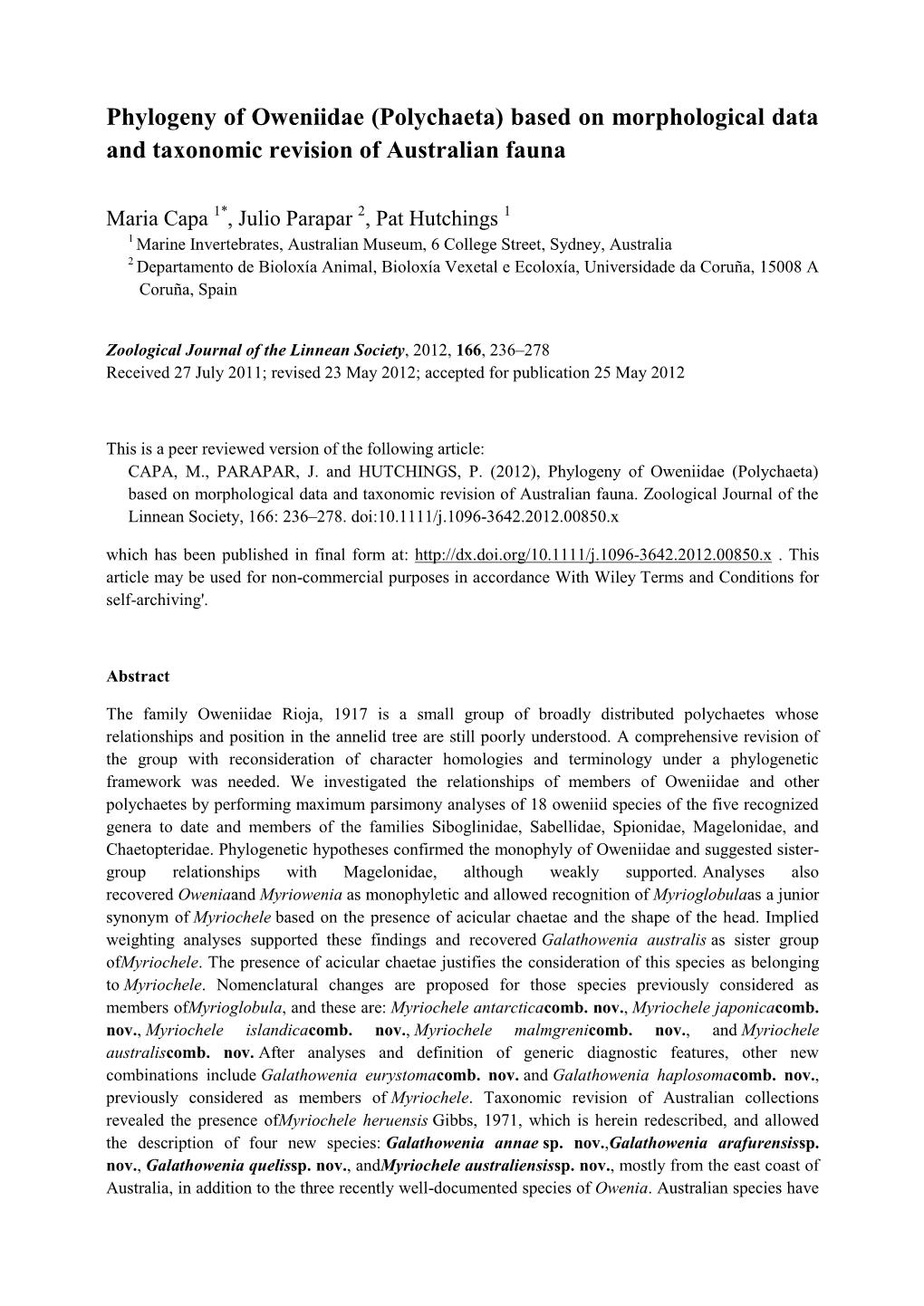 Phylogeny of Oweniidae (Polychaeta) Based on Morphological Data and Taxonomic Revision of Australian Fauna