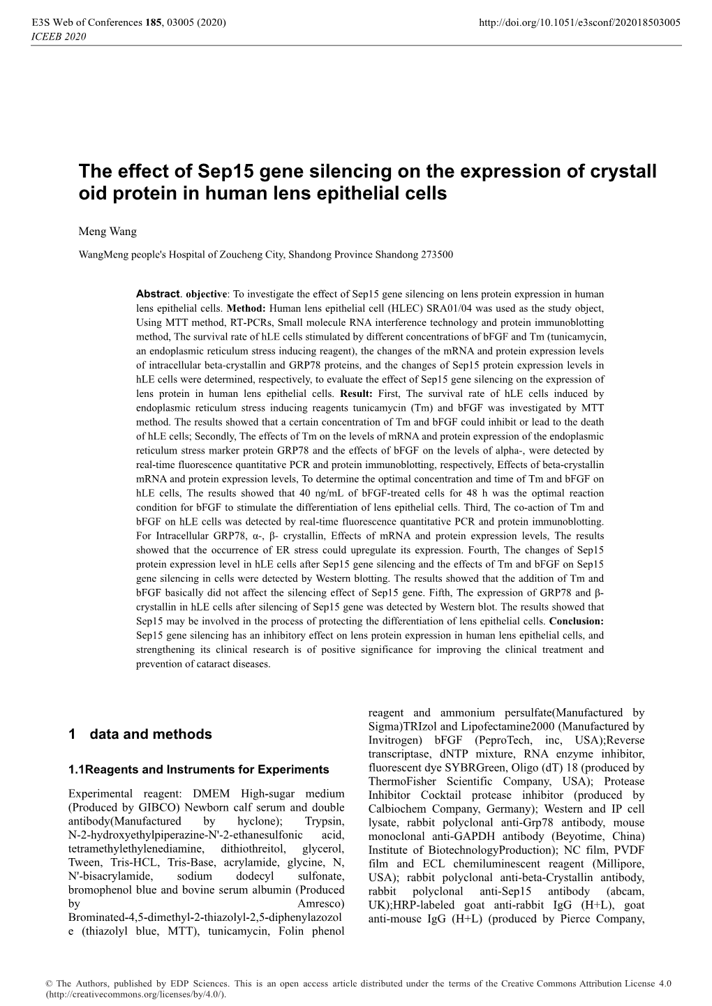 The Effect of Sep15 Gene Silencing on the Expression of Crystall Oid Protein in Human Lens Epithelial Cells