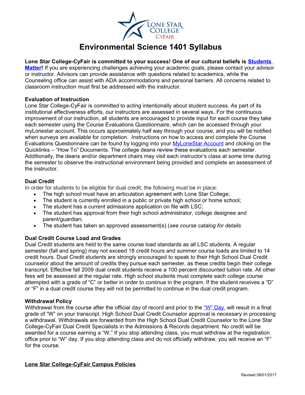 Environmental Science 1401 Syllabus