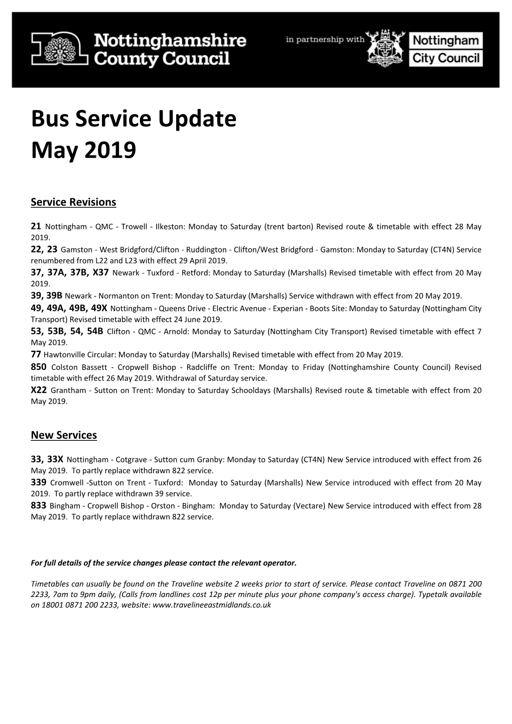 Bus Service Update May 2019