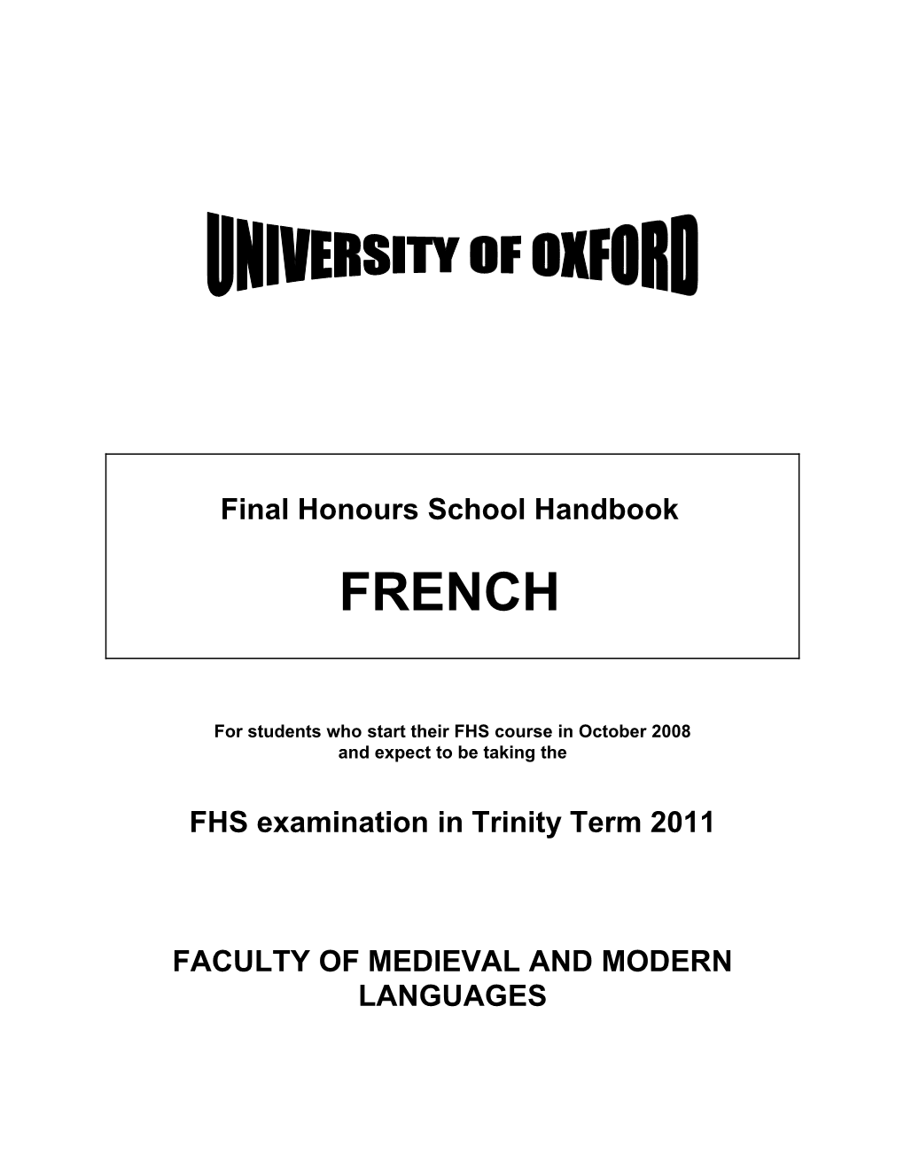 Handbook for the Final Honours Course in FRENCH