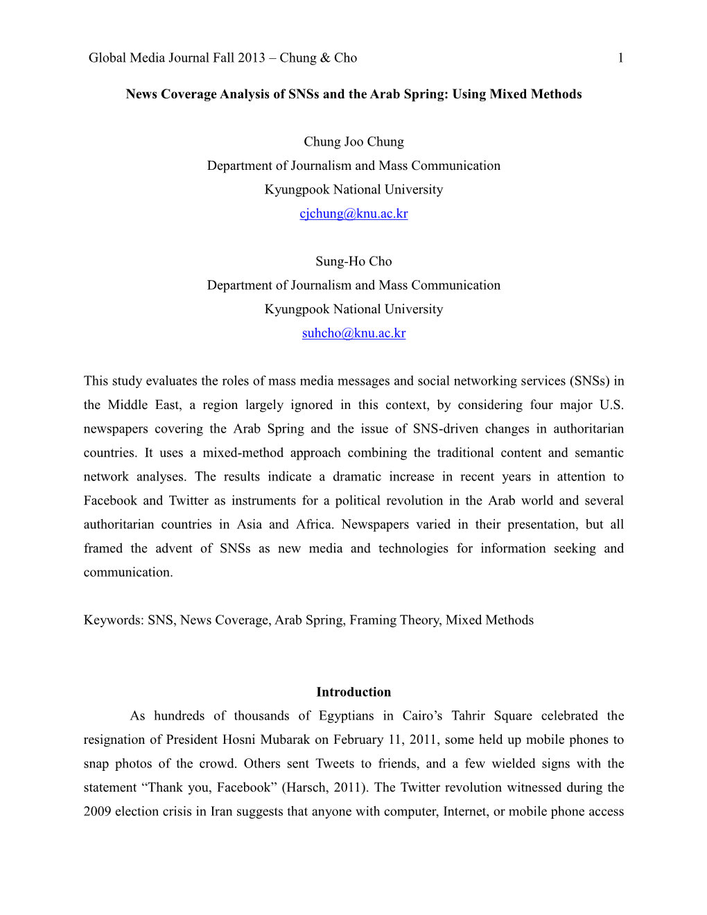 Chung & Cho 1 News Coverage Analysis of Snss and the Arab Spring