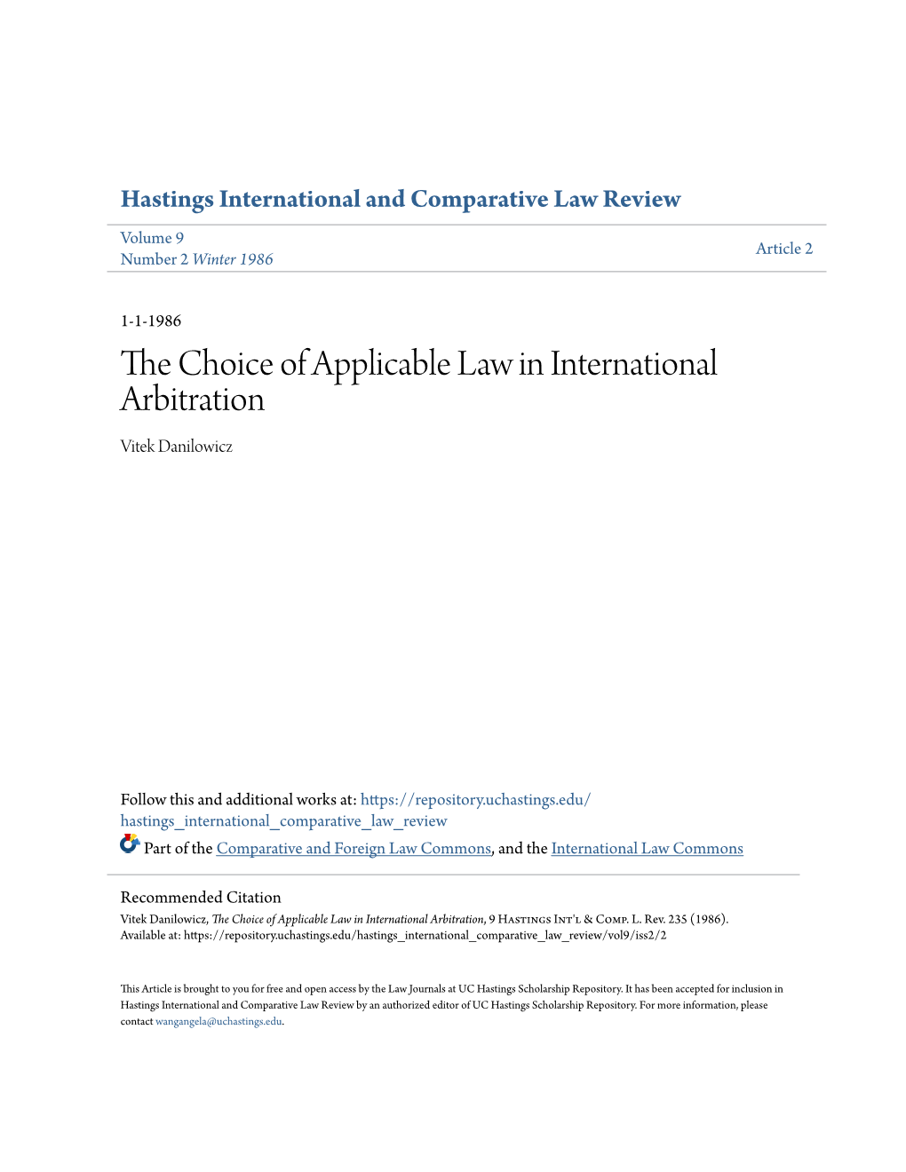 The Choice of Applicable Law in International Arbitration, 9 Hastings Int'l & Comp