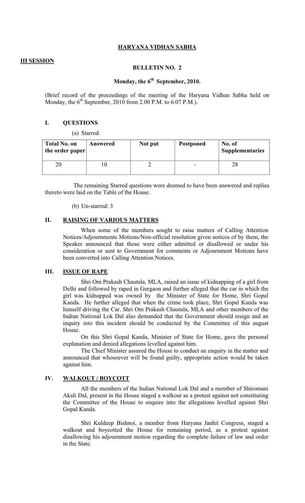 HARYANA VIDHAN SABHA III SESSION BULLETIN NO. 2 Monday