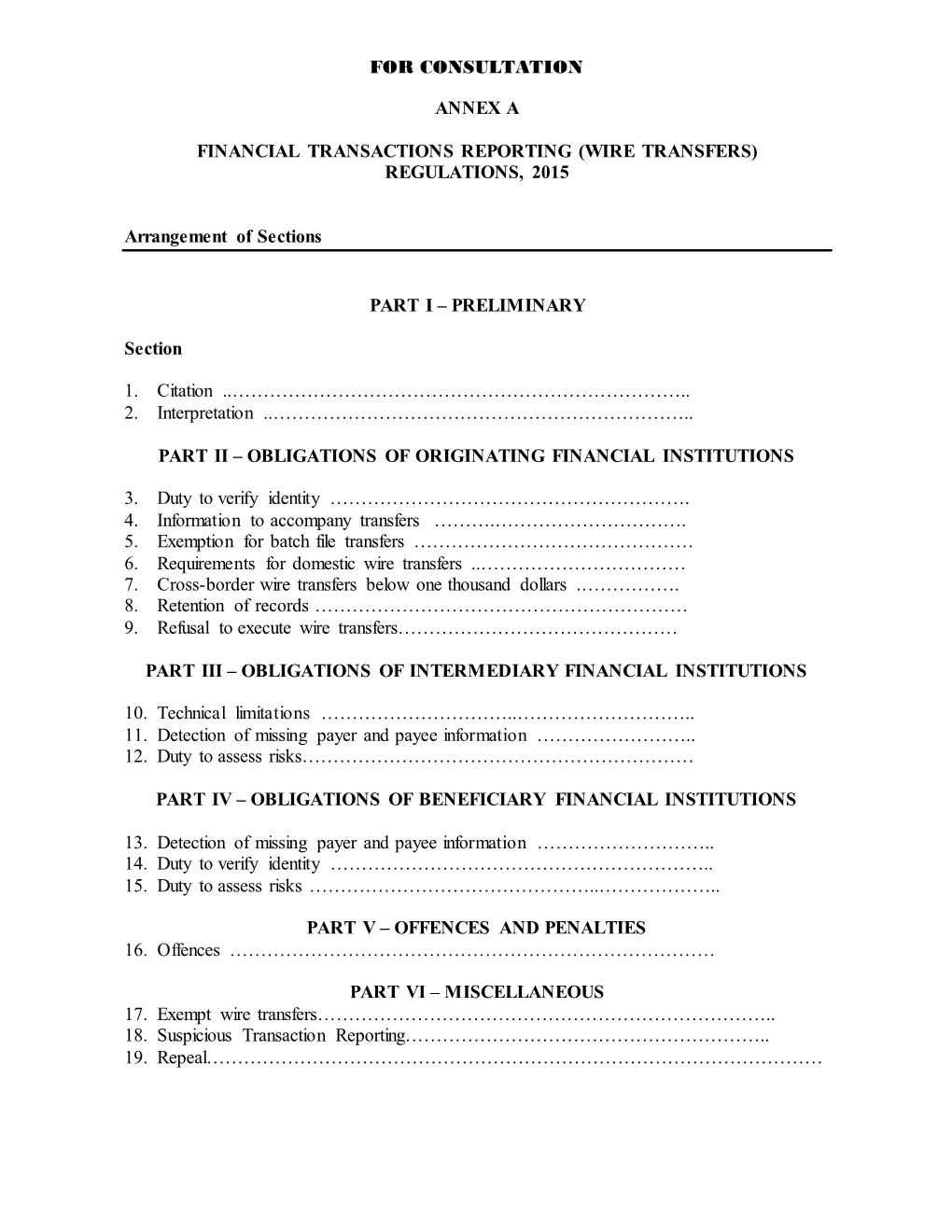 (WIRE TRANSFERS) REGULATIONS, 2015 Arrangement