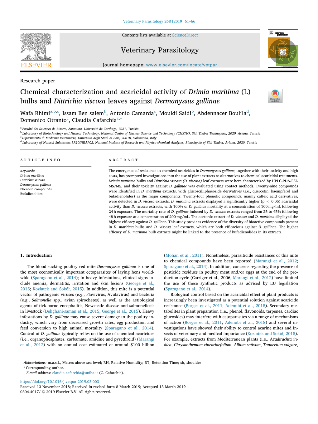 Chemical Characterization and Acaricidal Activity of Drimia Maritima (L) Bulbs and Dittrichia Viscosa Leaves Against Dermanyssus Gallinae T