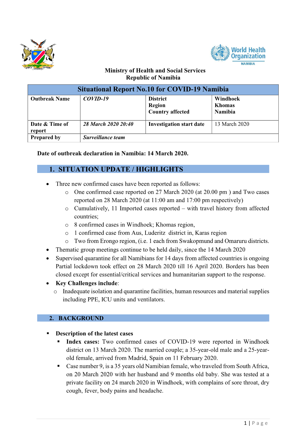 Namibia COVID-19 Situation Report No. 10