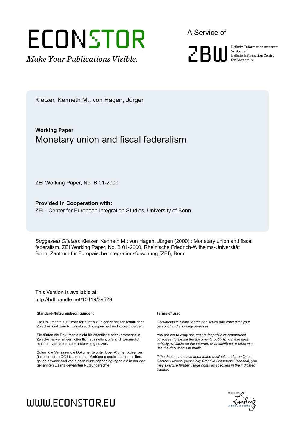 Monetary Union and Fiscal Federalism