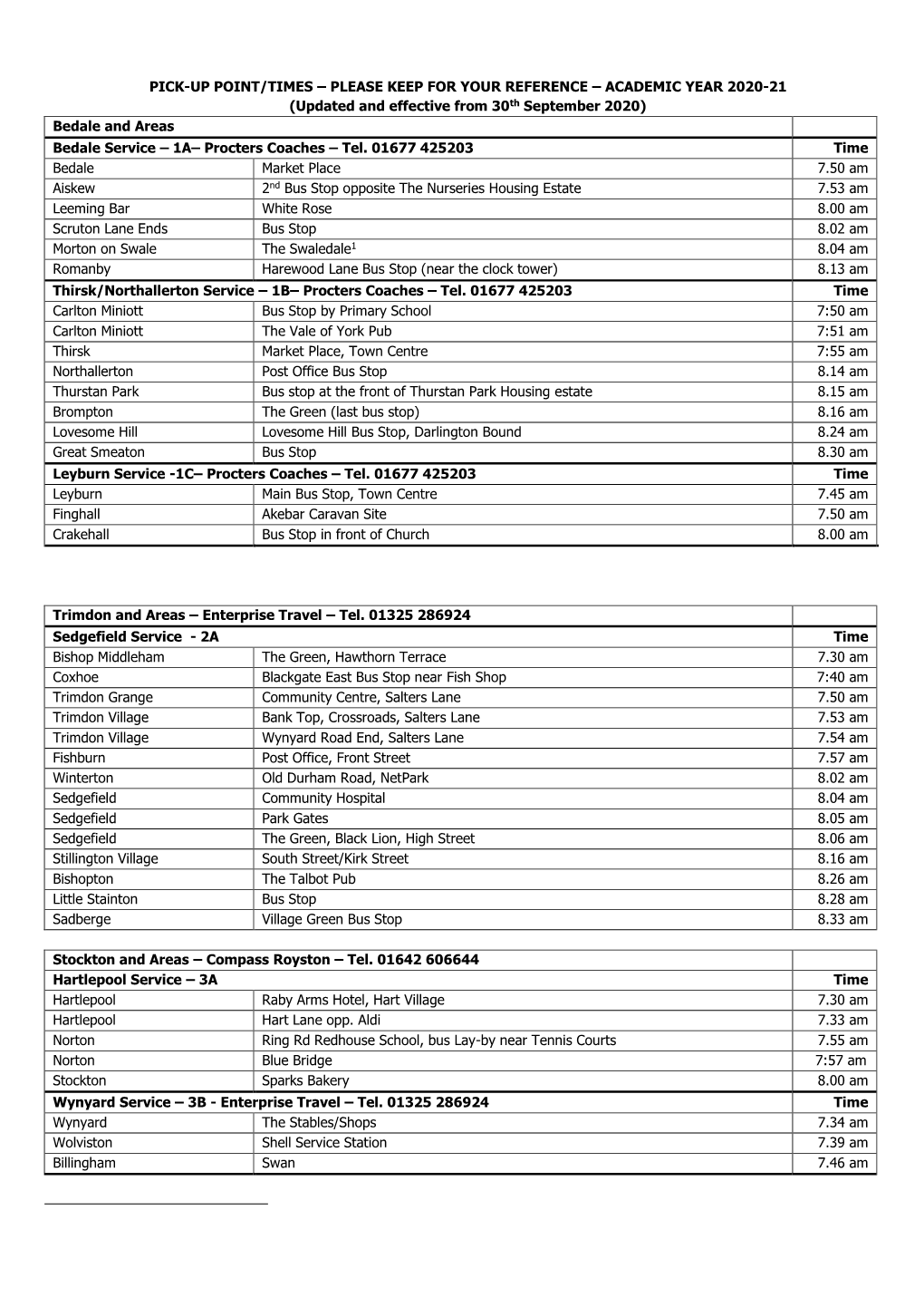 ACADEMIC YEAR 2020-21 (Updated and Effective from 30Th September 2020) Bedale and Areas Bedale Service – 1A– Procters Coaches – Tel