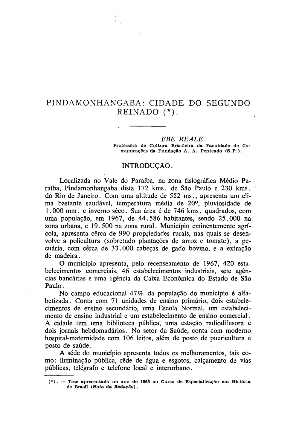 Pindamonhangaba: Cidade Do Segundo Reinado (*)