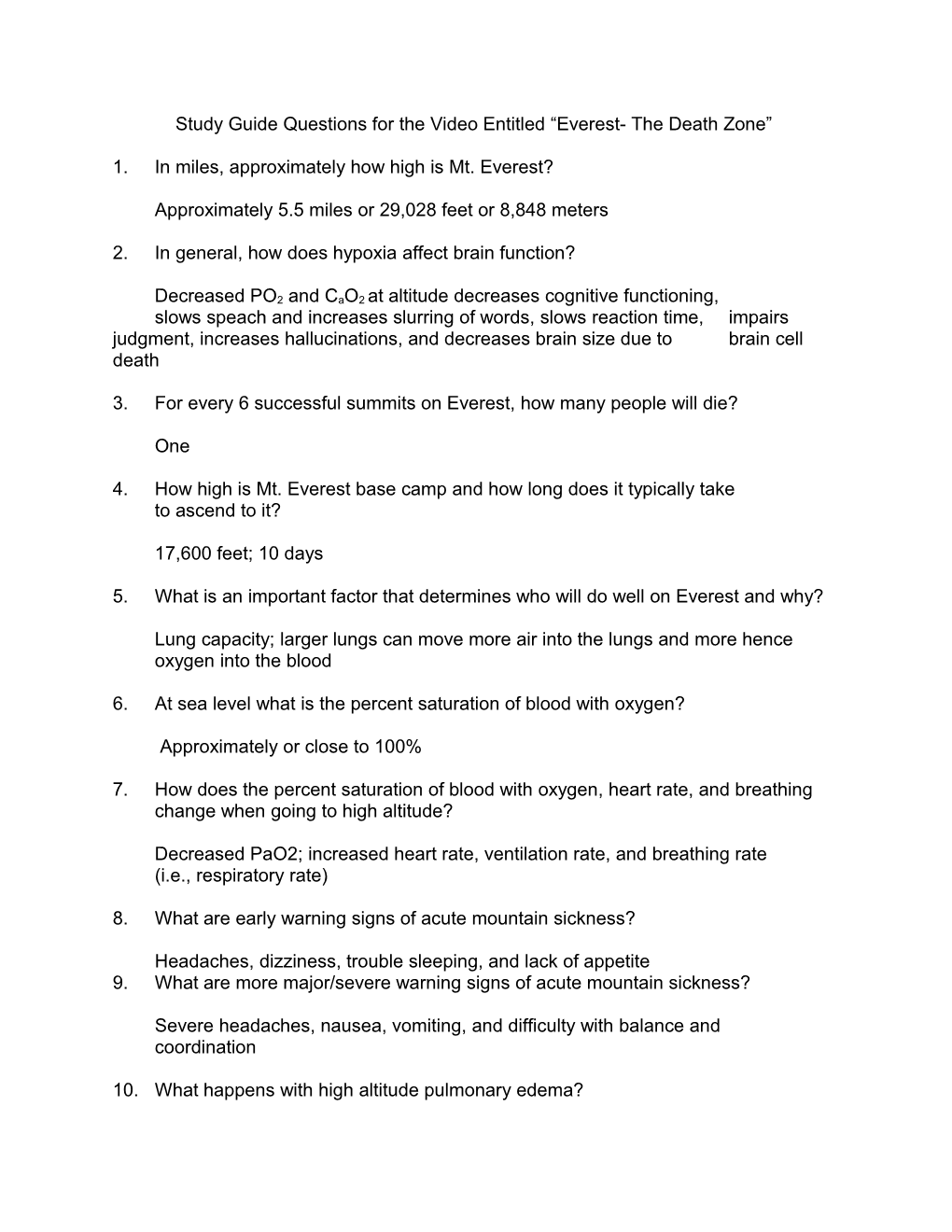 Study Guide Questions for the Video Entitled Everest- the Death Zone