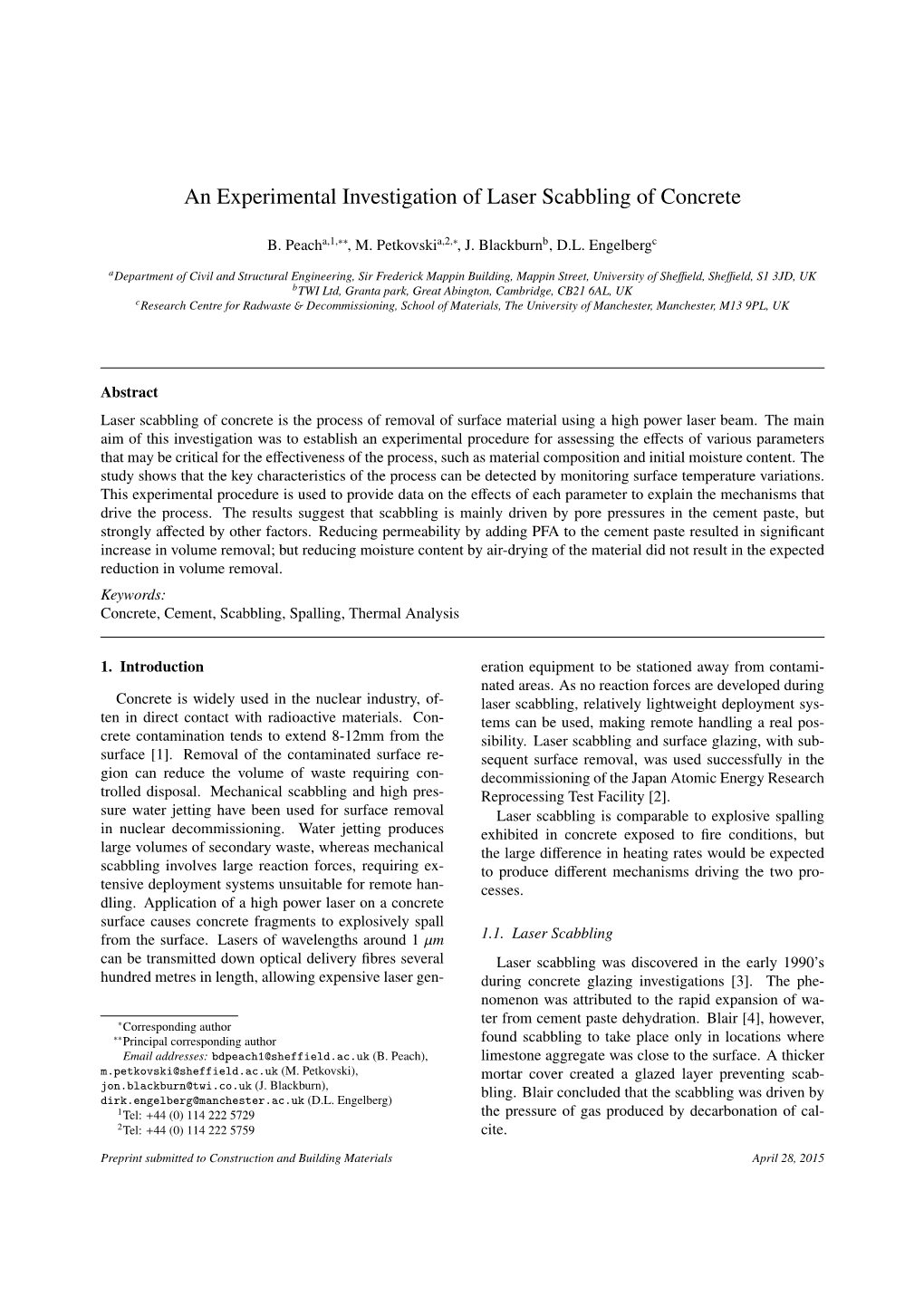 An Experimental Investigation of Laser Scabbling of Concrete