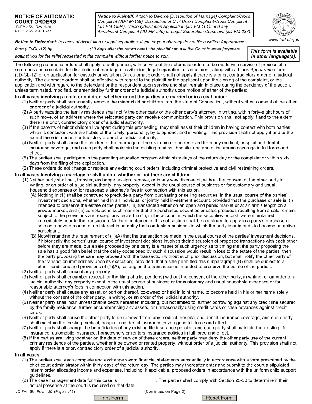 Notice of Automatic Court Orders Are Served (Delivered to the Defendant/Respondent by an Authorized Person)