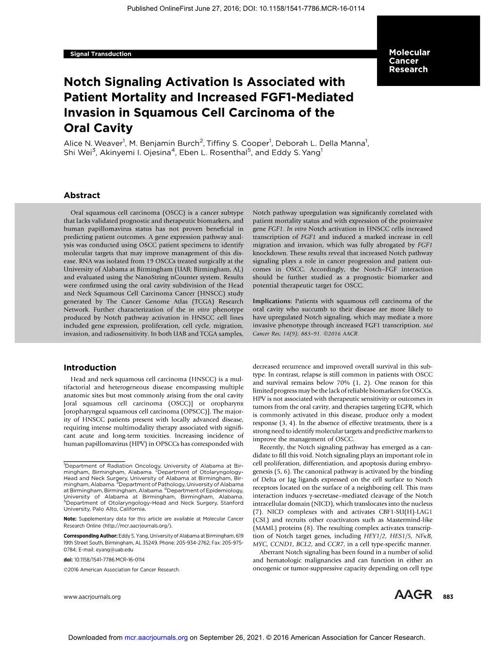 Notch Signaling Activation Is Associated with Patient Mortality and Increased FGF1-Mediated Invasion in Squamous Cell Carcinoma of the Oral Cavity Alice N