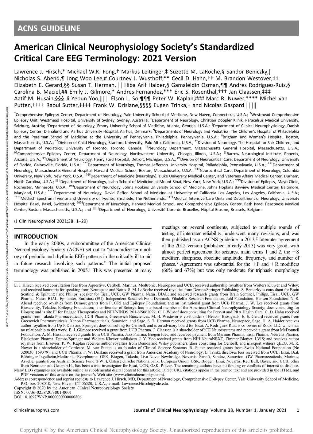 American Clinical Neurophysiology Society's Standardized Critical Care EEG Terminology: 2021 Version