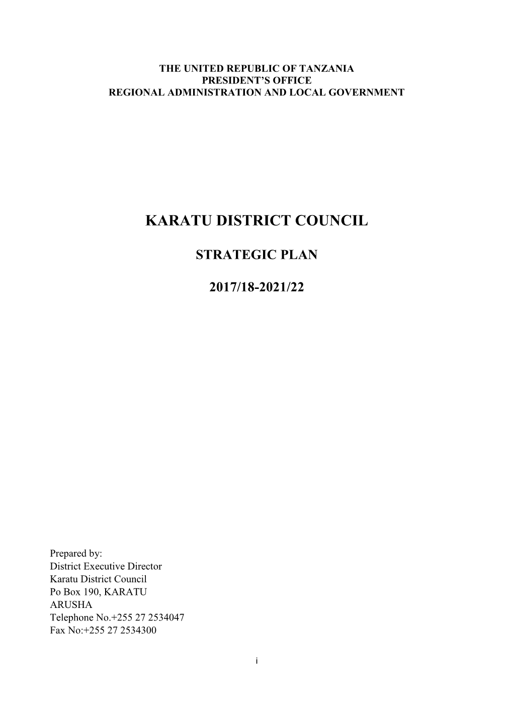 Karatu District Council Strategic Plan 2017/18-2021/22