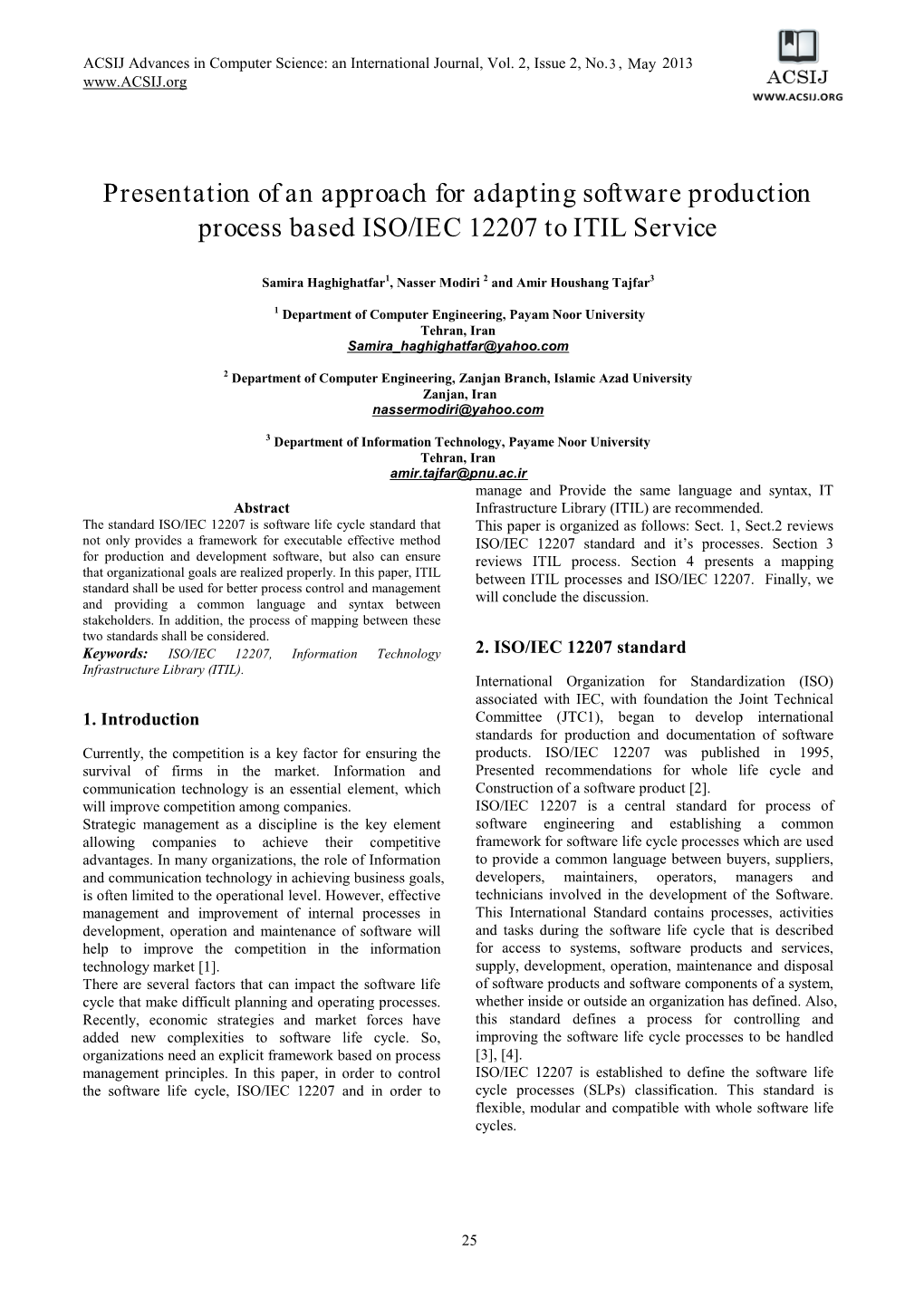 Presentation of an Approach for Adapting Software Production Process Based ISO/IEC 12207 to ITIL Service