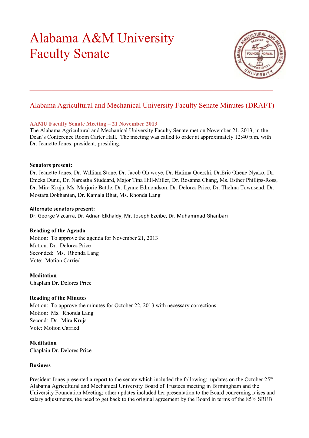 Alabama Agricultural and Mechanical University Faculty Senate Minutes (DRAFT)