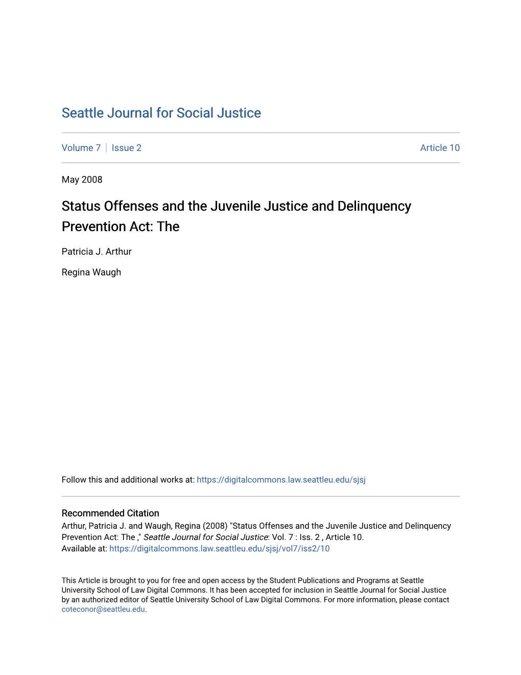 Status Offenses and the Juvenile Justice and Delinquency Prevention Act: The