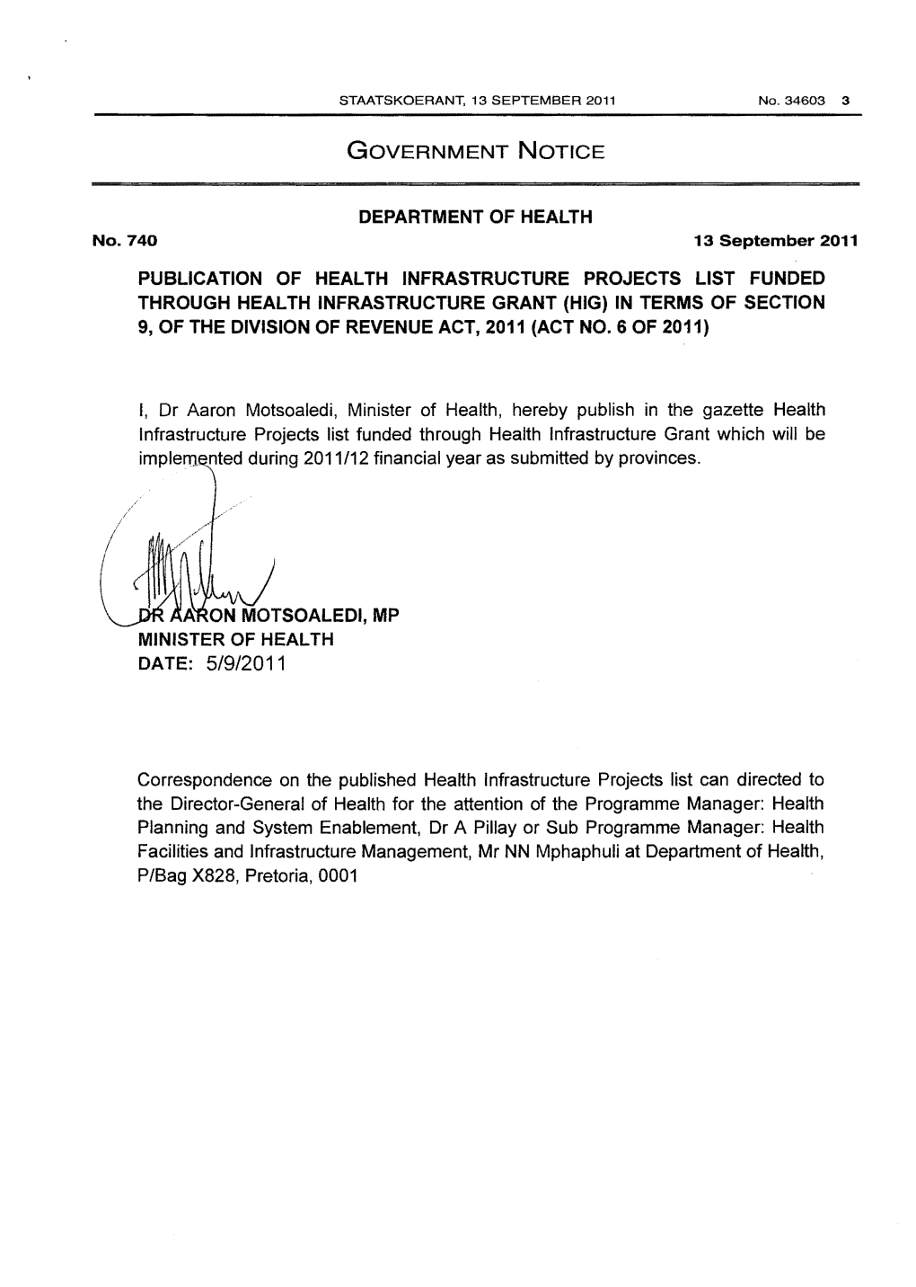 Division of Revenue Act: Publication of Health Infrastructure Projects List