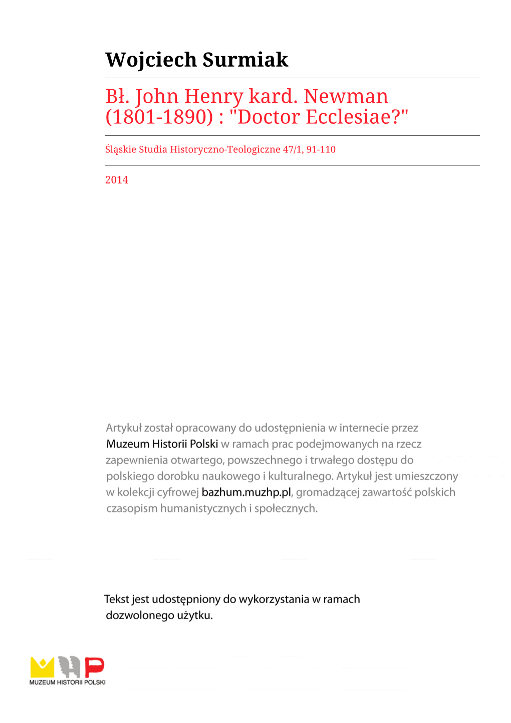 Bł. John Henry Kard. Newman (1801-1890) : "Doctor Ecclesiae?"