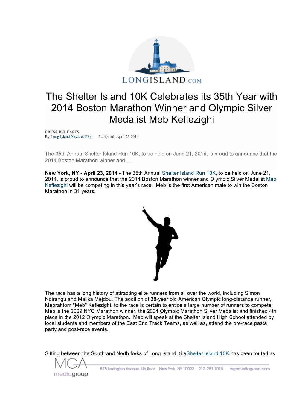 The Shelter Island 10K Celebrates Its 35Th Year with 2014 Boston Marathon Winner and Olympic Silver Medalist Meb Keflezighi