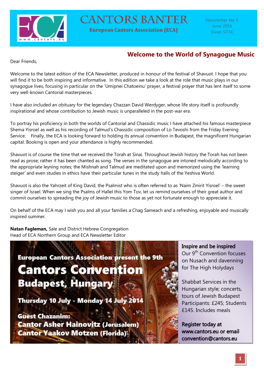 CANTORS BANTER Newsletter No 5 June 2014 European Cantors Association (ECA) Sivan 5774